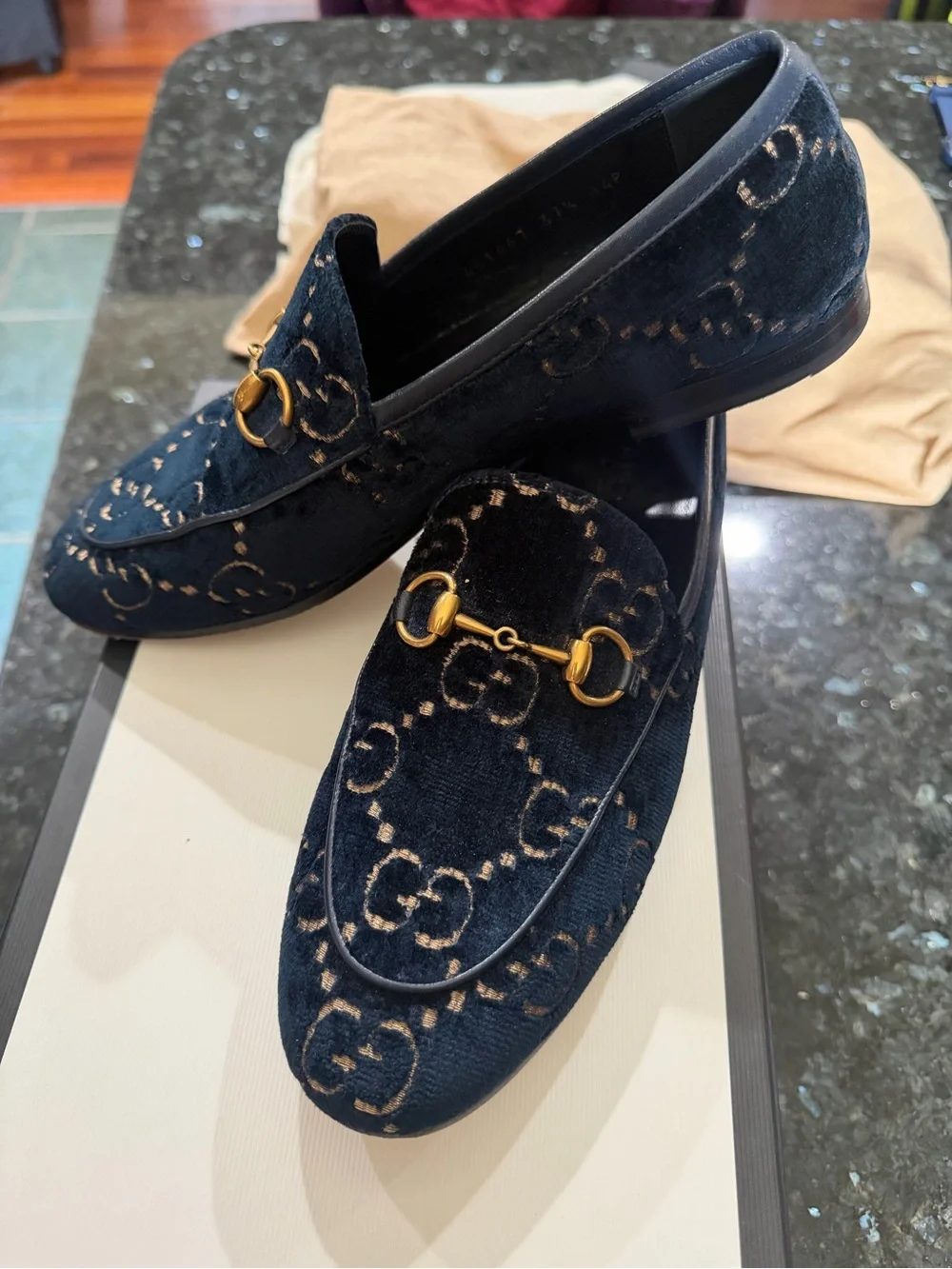 Gucci Women's Jordaan Navy Velvet Horsebit Loafers